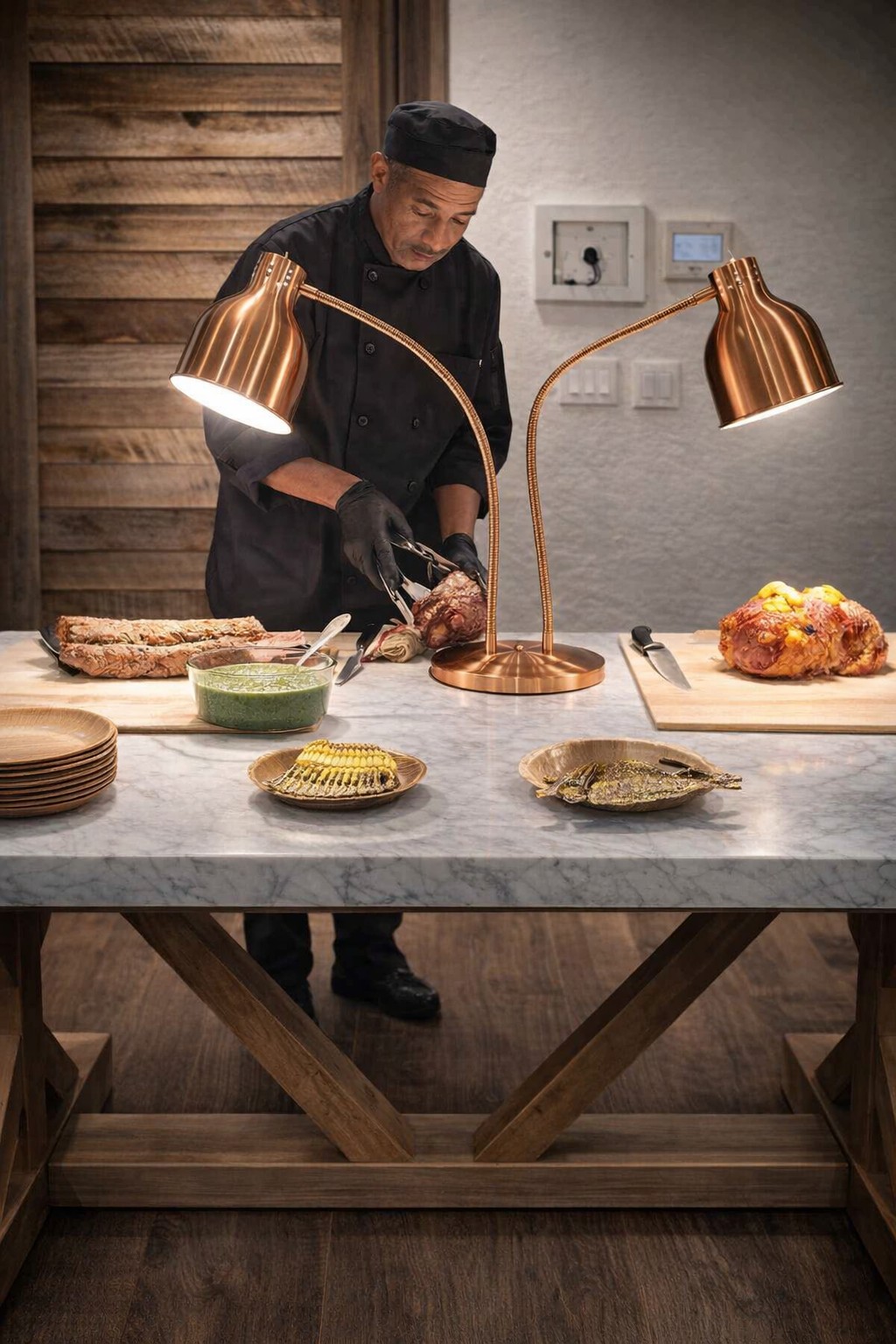Dallas chef preparing corporate catering lunch in professional kitchen