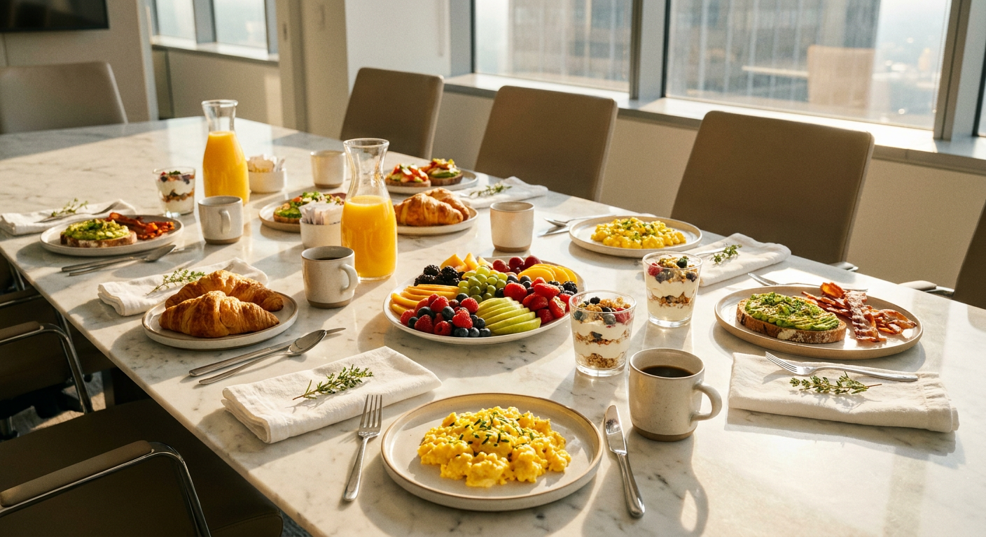 Executive breakfast catering spread with pastries and fresh fruit for Dallas corporate office