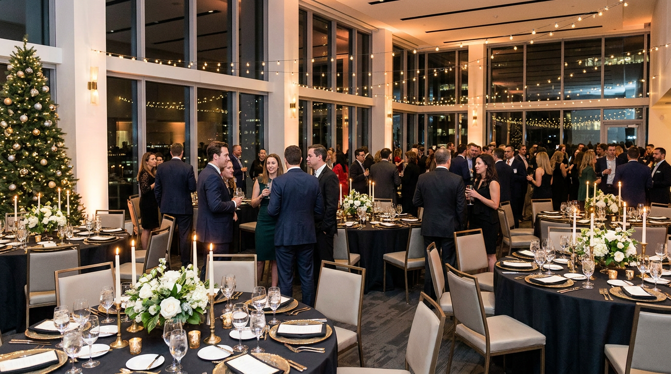 Elegant corporate hospitality event in Dallas with professional catering setup